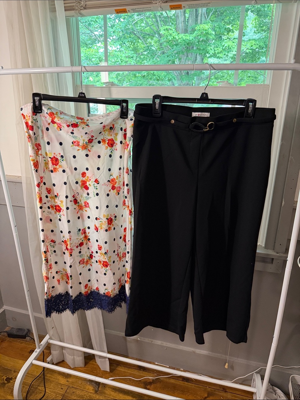 Black Wide-Leg Pants with Belt and midi silky skirt